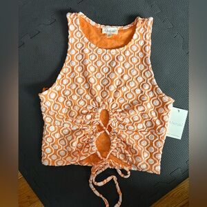 meraki Orange & White Boho Geometric Cut Out Tie-front Top Size M NWT